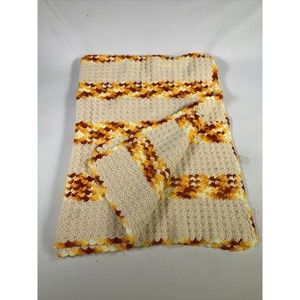 Vintage Crochet Afghan Autumn Fall Orange / Red / White Throw Blanket 70x40"